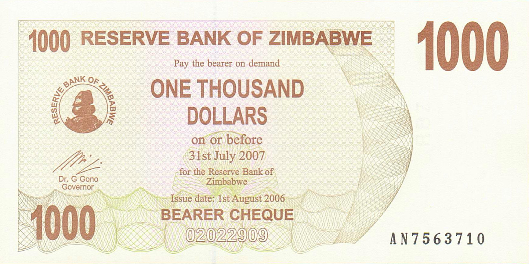 Zimbabwe 1000 2006 UNC P-44